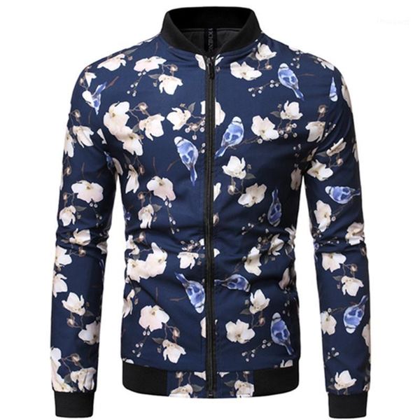 

men's jackets 2021 fashion male jacket men cool floral print full sleeve zipper coat spring autumn stand collar flower, Black;brown
