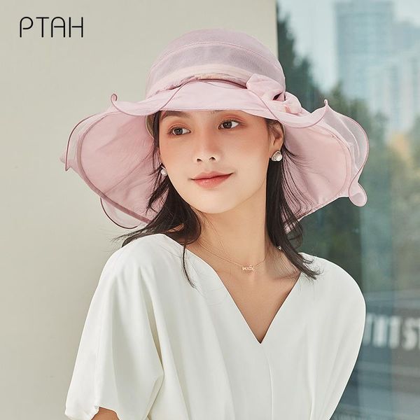 

wide brim hats [ptah] summer women sun hat 100% mulberry silk upf 50+ uv protection breathable lightweigh comfort cap female not polyester, Blue;gray