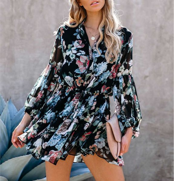 

boho floral printed women dress stand neck lantern sleeve spring autumn button beach female dresses with belt plus size w154 210526, Black;gray