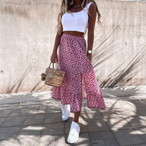 

midi a line summer floral womens skirts prints split casual office female clothing boho flower long with side slit, Black
