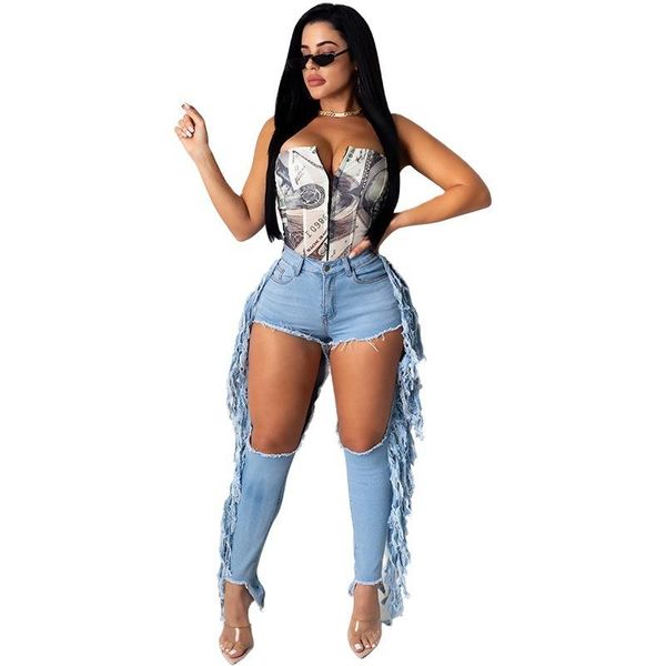 

women's jeans the hole fashion pack street personality tassel wear hollow out casual ripped for women donsignet, Blue