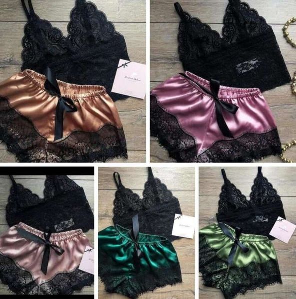 

solid v sleepwear neck summer women pajamas silk pijamas lace short pants lingerie hollowed underwear nightdress set gga3489, Red;black