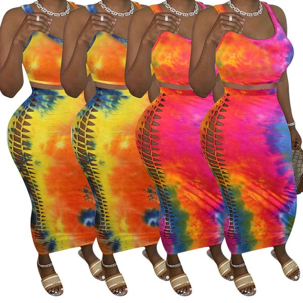 

women tie dye print tank lace up hollow out midi maxi skirts suit two piece set bodycon long dresses vestidos, Black;gray