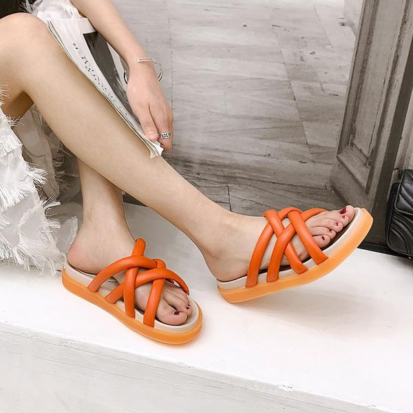 

slippers knitted cross band thicken women cut-out open toe flipflops soft sole flat slides anti-skid beach shoes chaussure femme, Black