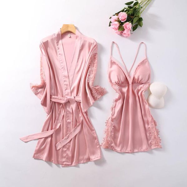 

women's sleepwear pink sweet lace trim 2pcs nighty suit womens 2021 kimono robe gown with chest satin v-neck backless nightgown, Black;red