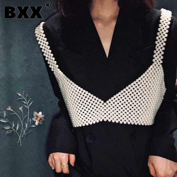 

[bxx] handmade pearls vest women luxury brand designer for women beading vests sleeveless hollow out shirts hi451 211008, Black;white