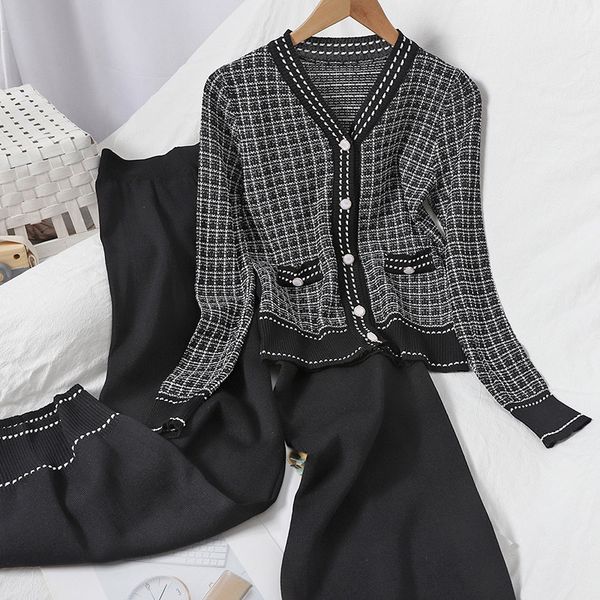 

wind contracted fashion suits v-neck checked sweater straight show thin wide-legged pants leisure two-piece outfit 210429, White