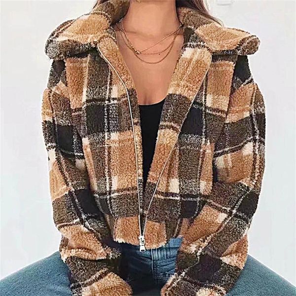 

women's fur & faux autumn winter european style cashmere plaid coat thickened women plus size windbreaker zipper jackets thick warm out, Black