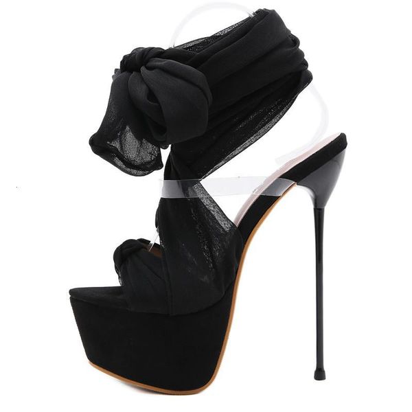 

sandals women high platform lace heels 16cm summer fashion shoes pvc transparent strappy stippers pumps b059, Black