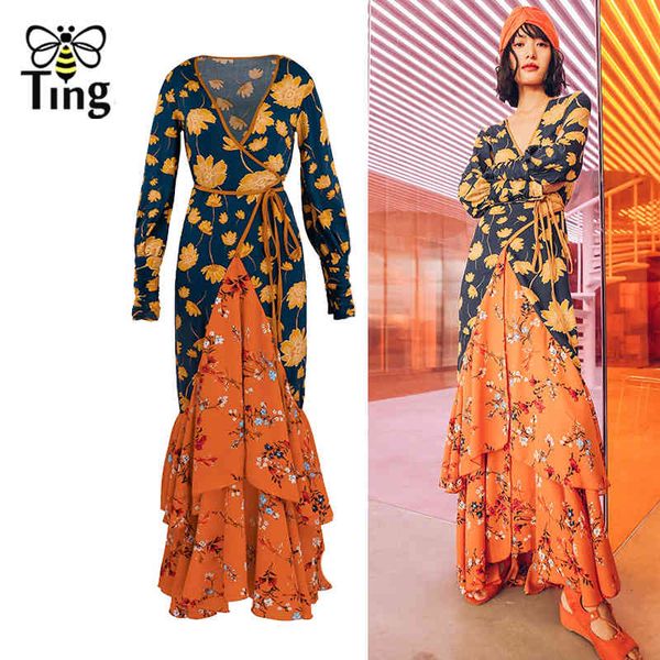 

boho v neck print floral maxi long dress lady color patchwork ruffles party dresses vintage designer vestidos 210513, Black;gray