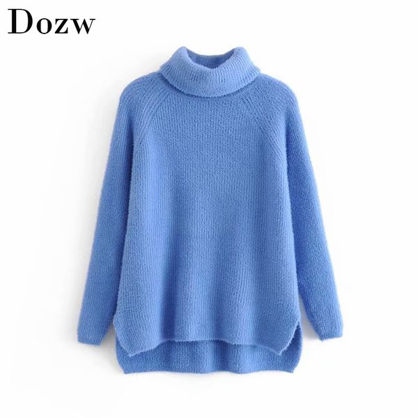 

winter warm casual turtleneck sweater women elegant long sleeve solid pullover female chic split knitted jumper 210414, White;black