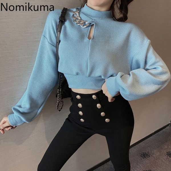 

nomikuma chain design pullover sweater hollow out solid color long sleeve short knitted sweaters o neck casual chic sueter 210514, White;black