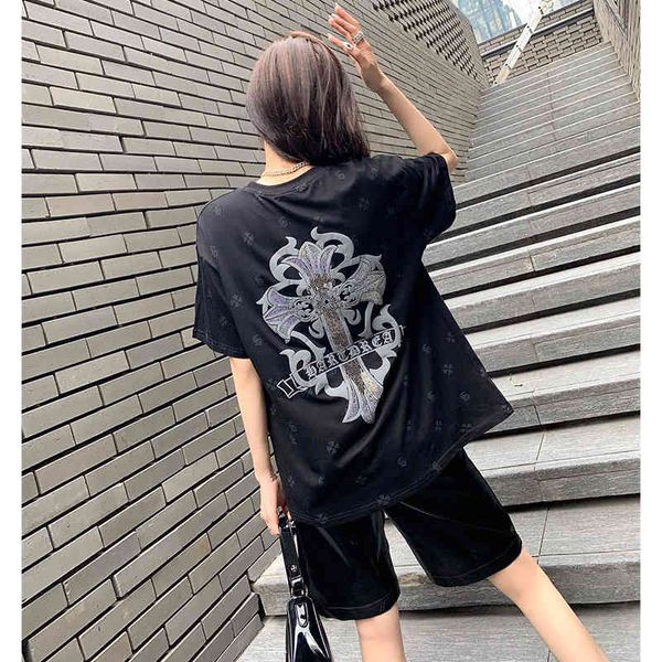 

ch korean fashion sanskrit cross drill t-shirt for women in 2021 summer, White