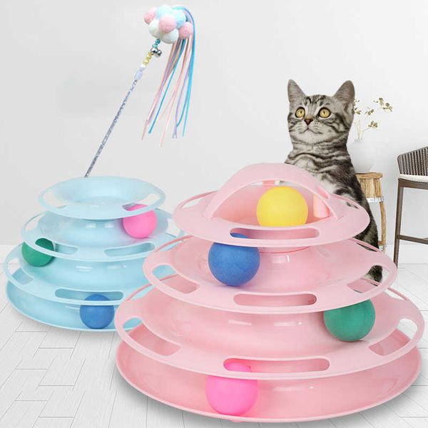 Brinquedos para gato katten quatro camadas carrossel trilha bolas pegando brinquedo espacial torre forma auto-jogando jouets despeje chats gato suprimentos 210929