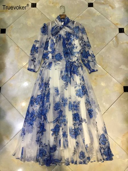 

truevoker summer holiday cottagecor robe women bow collar blue floral print midi long festa vestidos prom dress 210602, Black;gray