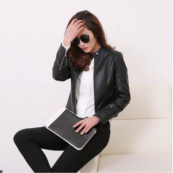 

women's leather & faux women pu jacket o-neck biker soft female fashion black motorcycle coat