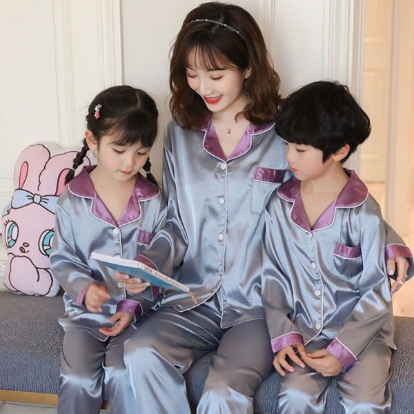 

fashion family matching outfits silk long sleeve kids's pyajamas set mother and daughter son sleepwear pajamas, Blue