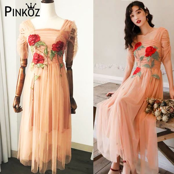 

rose embroidery sweet midi dress beach holiday flower square collar ruched boho vestidos 210421, White