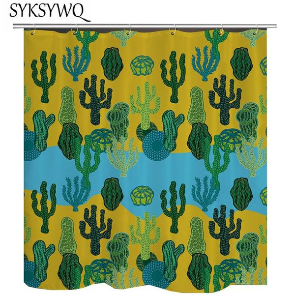 

shower curtains 2021 green cactus curtain waterproof fabric succulent potted plants douchegordijn bathroom gold blue cortina