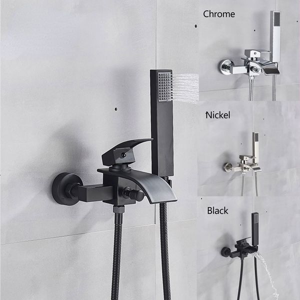 Braccia nera nickel cromata vasca da bagno rubinetto maniglia singola maniglia a cascata beccuccio miscelatore con doccia a mano rubinetto da bagno a parete