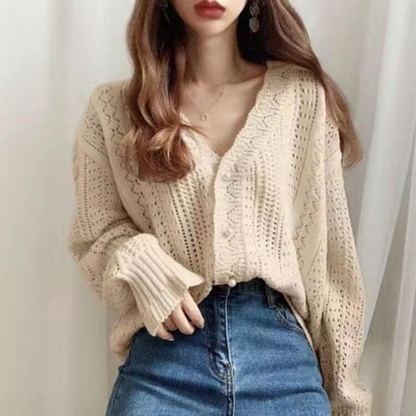 

women's knits & tees cardigan women chic hollow out design elegant v-neck korean ladies knitwear single breasted autumn trendy womens s, White