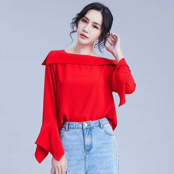 

slash neck flare sleeve women chiffon blouse spring irregular loose girls cute red office shirt sheer feminine elegant 2xl women's blo, White