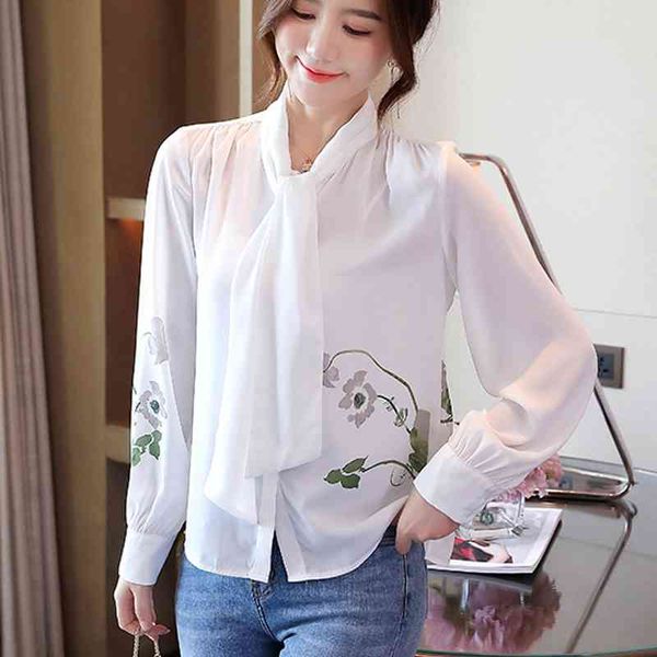 

chiffon women blouse flowers print spring office vintage elegantes feminina blusas lantern long sleeve shirt 833a 210420, White