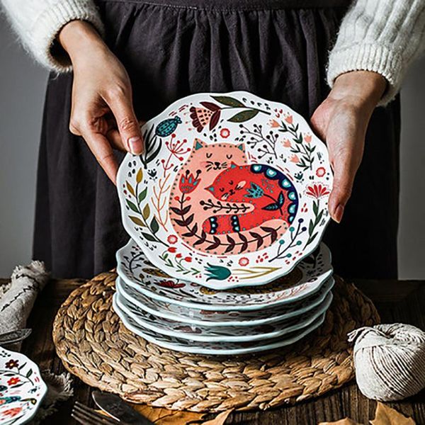 

dishes & plates cartoon hand painted cat dinner plate salad ceramic, 8 inch, pizza pasta serving plates, microwave dishwasher safe