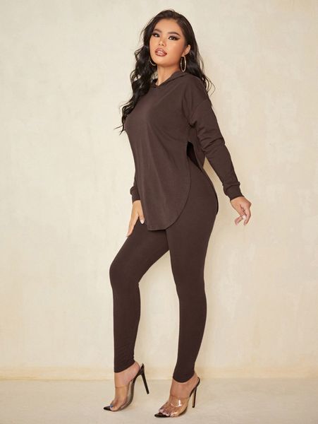 

solid split curved hem hoodie & leggings m99x#, White