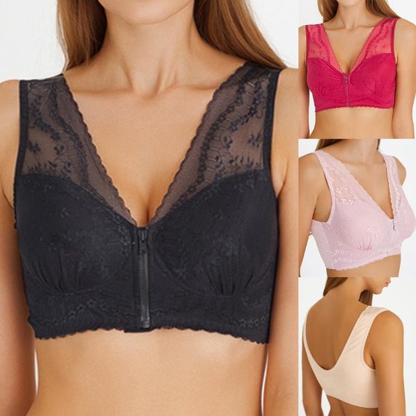 

yoga bra for women floral lace breathing front zipper solid color underwear gathered lingerie female wiregym clothing, White;black