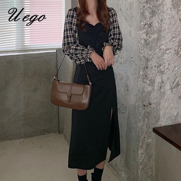 

casual dresses french hepburn style plaid patchwork vintage black dress open slit office lady ol work -4xl women autumn spring, Black;gray