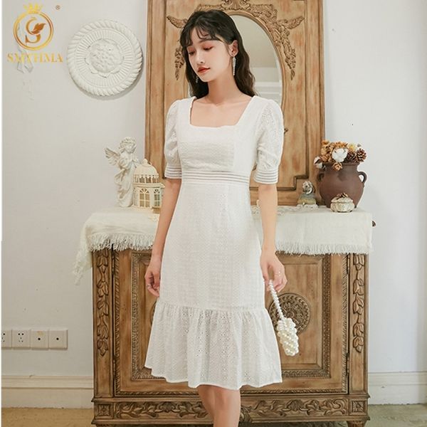 

casual dresses vintage elegant lace hollow out summer 2021 fashion slim robe sweet sleeves square neck white es vestidos 7wgj, Black;gray