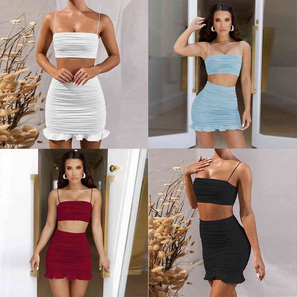 

2021 summer new women's suspender vest pleated two piece ruffle skirt, Black;gray