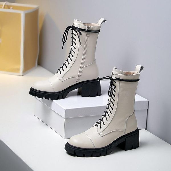 

boots mezereon women winter shoes full grain leather female lace up cross-tied med heels warm plush inside street style, Black