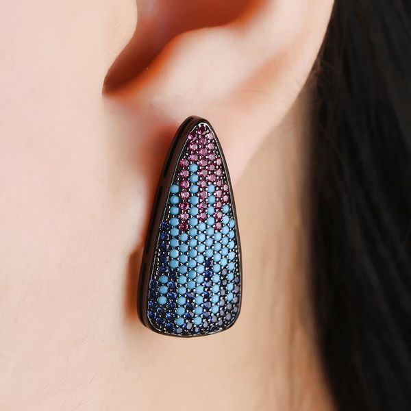 

stud full paved multi color cubic zirconia earrings for women natural blue turquoises stone geometry colorful rainbow jewelry, Golden;silver