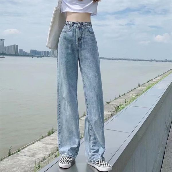 

high waist loose comfortable women jean plus size fashionable casual straight pants mom washed boyfriend, Blue