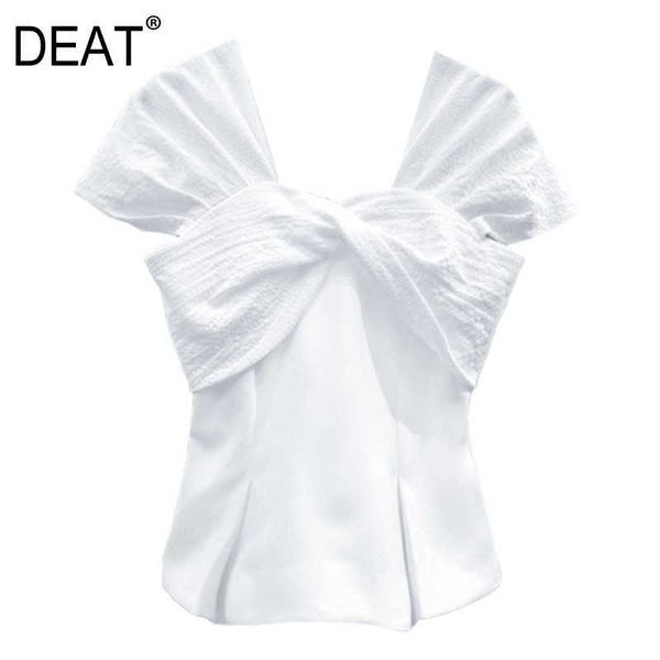 

[deat] summer fashion square collar bow sleeveless solid color backless temperament women t-shirt 13c876 210527, White