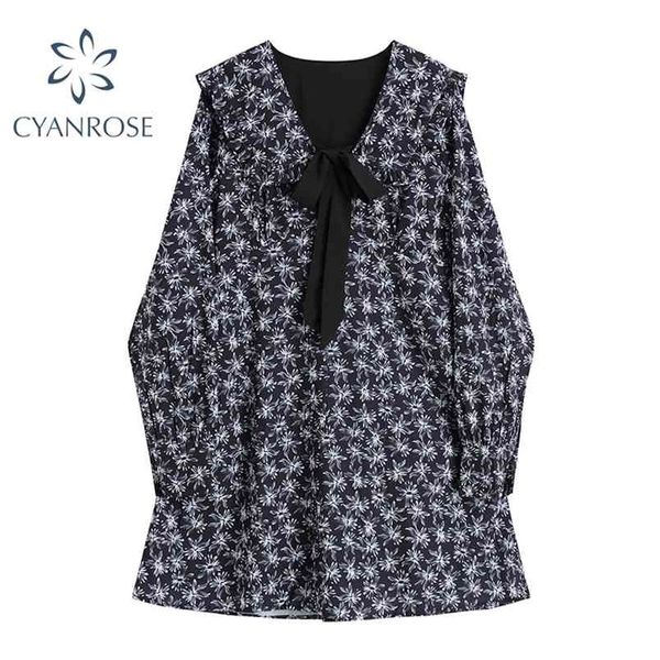 

spring summer sailor lace-up collar sweet mini dress women long sleeve beach crop frocks floral print elegant rok dresses 210515, Black;gray