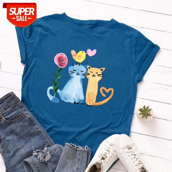 

spot european and american women's loose round neck cotton creative cat short-sleeved t-shirt women #ki83, White