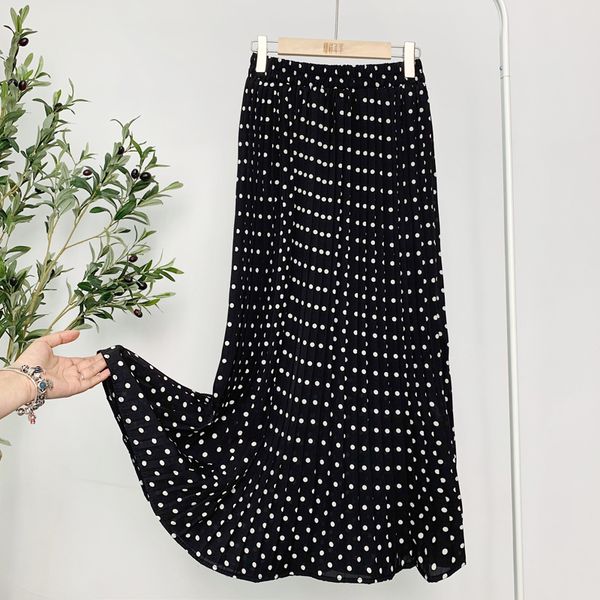 

2021summer skirts womens 2021 new vintage floral print chiffon pleated skirt elastic high waist casual midi skirt women clothes jupe, Black