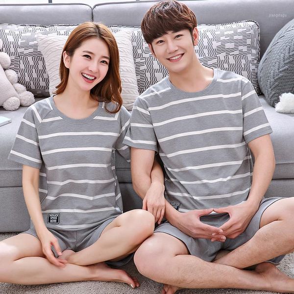 

men's sleepwear pajamas for couples summer simple striped comfort loose women's short-sleeved shorts homewear cotton leisure men n, Black;brown