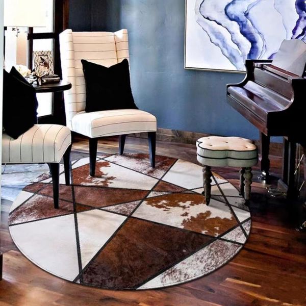 

carpets american style round shaped genuine cowhide skin fur patchwork rug, decoration real leather handmade customized villa carpet