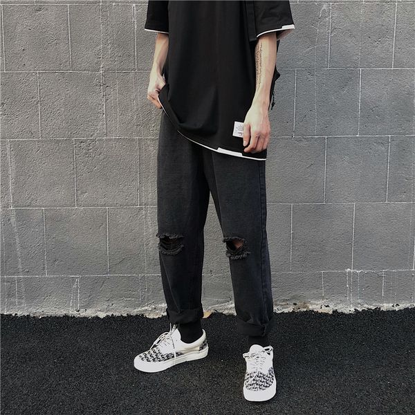 

ripped straight jeans mens fashion washed casual hole black jeans pants men streetwear wild loose hip hop denim trousers mens, Blue