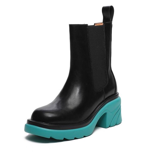 

boots 2021 ankle for women thick bottom round toe genuine leather black white all-match botas feminina platform shoes46