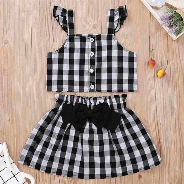 Sommer Säuglingsspielanzug Kleidung Schwarz Plaid Strap Einreiher Tops Bogen Rock Niedlich 2 Stück Baby Mädchen Sets Kostüm 210629