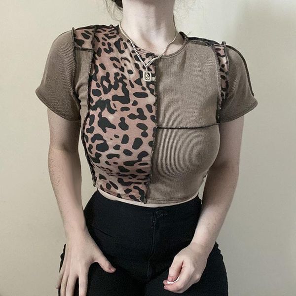 

women's t-shirt anti-car stitching leopard print round neck short base brown, White