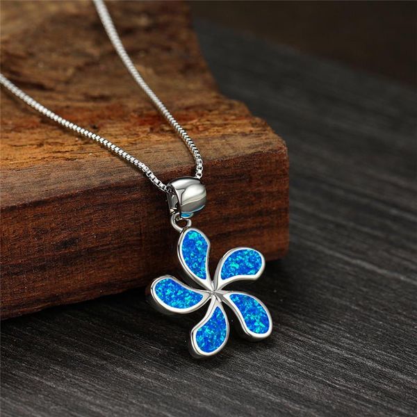 

luxury female blue opal pendant necklace classic silver color chain necklaces for women bridal flower wedding