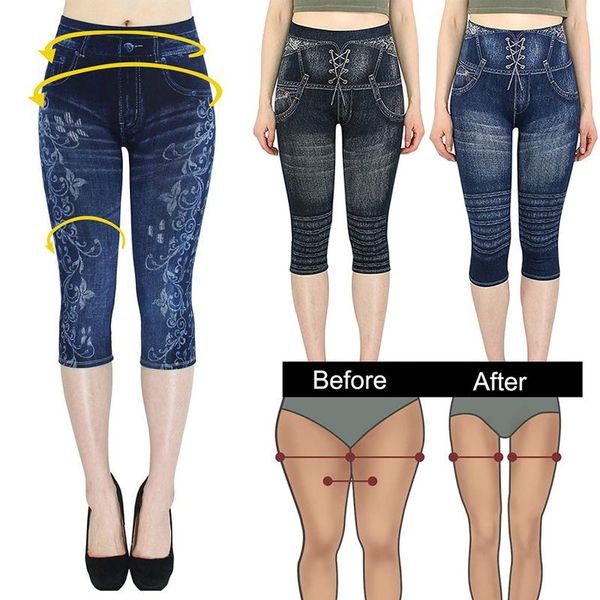 

women's leggings faux jeans women stretch printed short leggins plus size calf-length pants summer breeches high waist jeggings, Black
