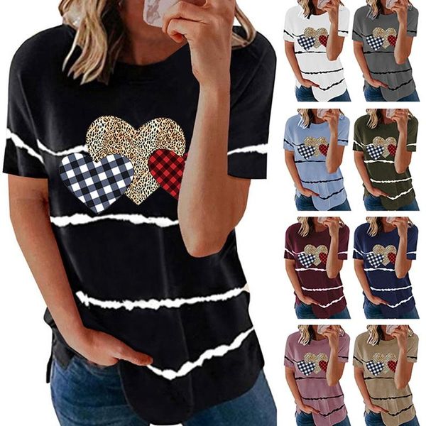 

women's fashion casual striped love leopard print short sleeve t-shirt top, White