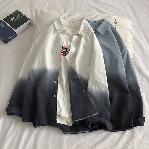 

2021 spring new shirt mens long-sleeved shirt gradient color casual button cardigan hong kong style tile, White;black